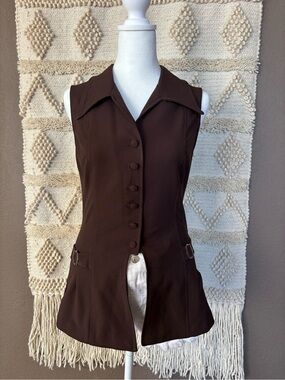 Vintage 90s Accent Brown Fitted Shirt Vest Silver Buckle Embellishments Size S